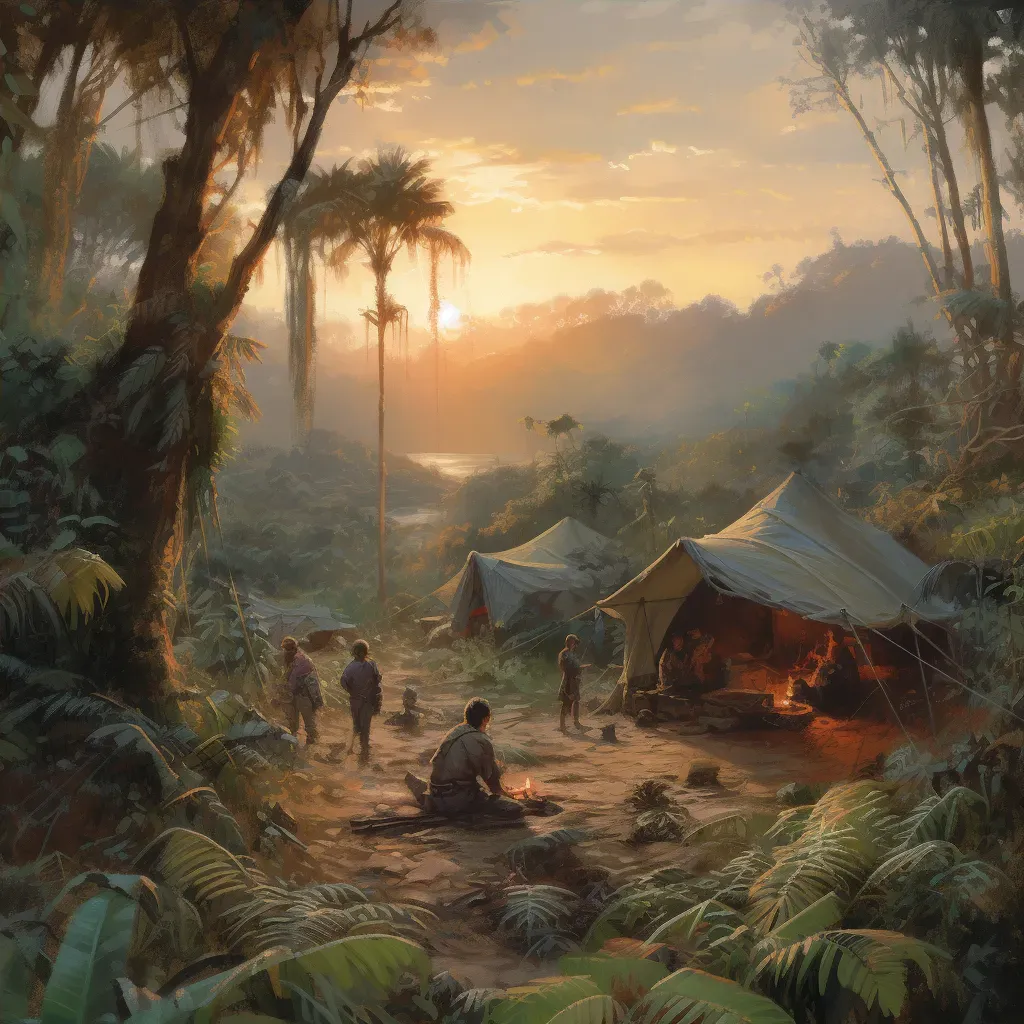 Explorers Setting Up Camp in Jungle at Sunset - Image 4