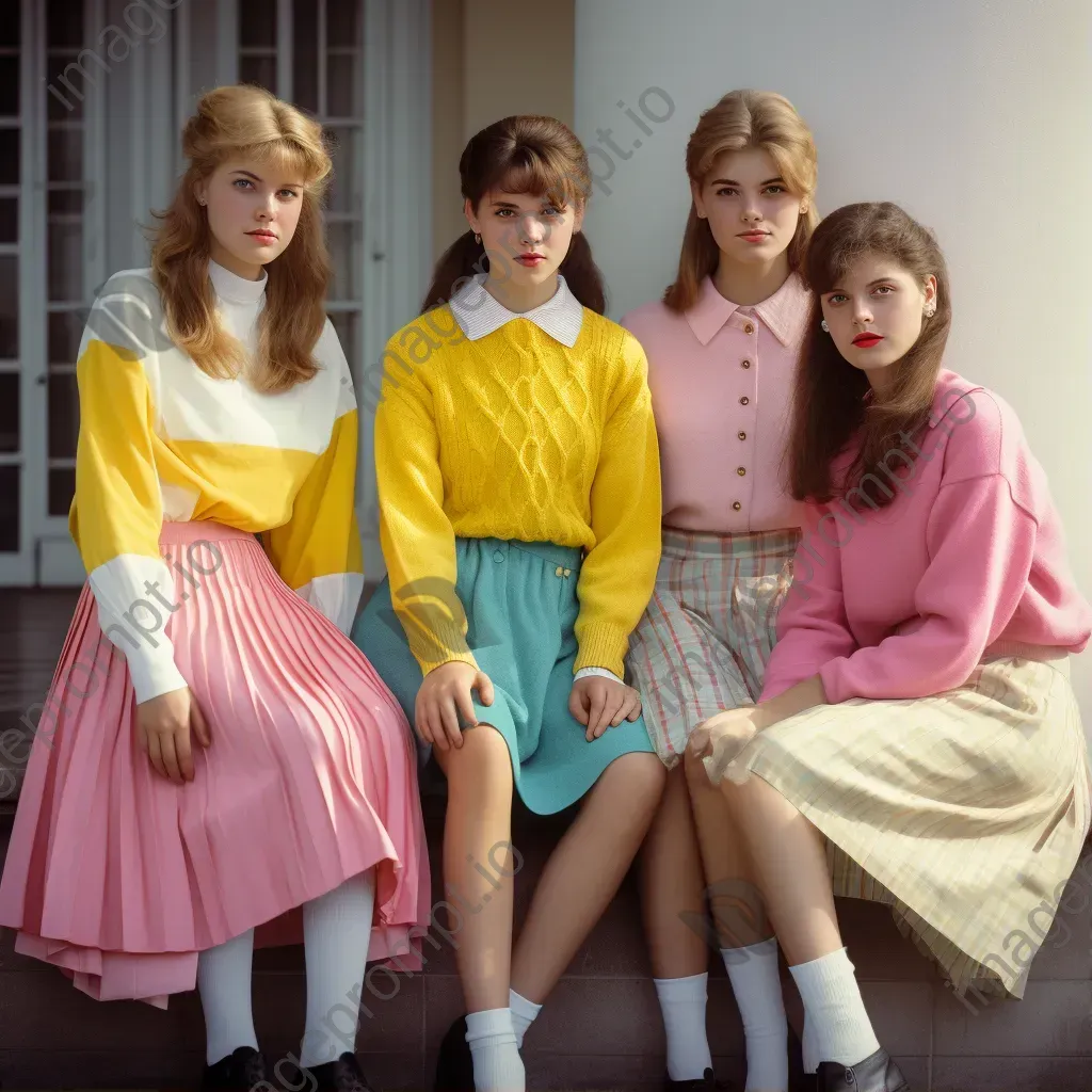 1980s preppy fashion pastel sweaters and pleated skirts - Image 1