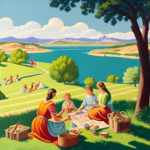 Family picnic on green meadow with serene lake in background - Image 2