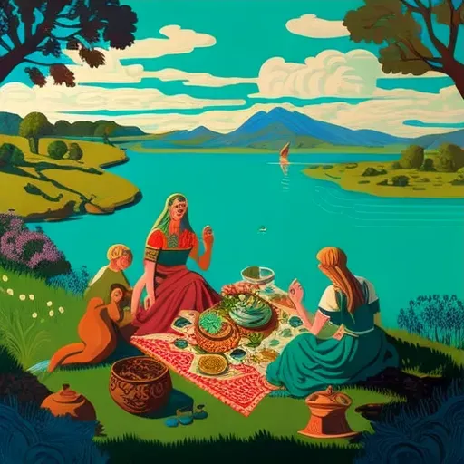 Family picnic on green meadow with serene lake in background - Image 3