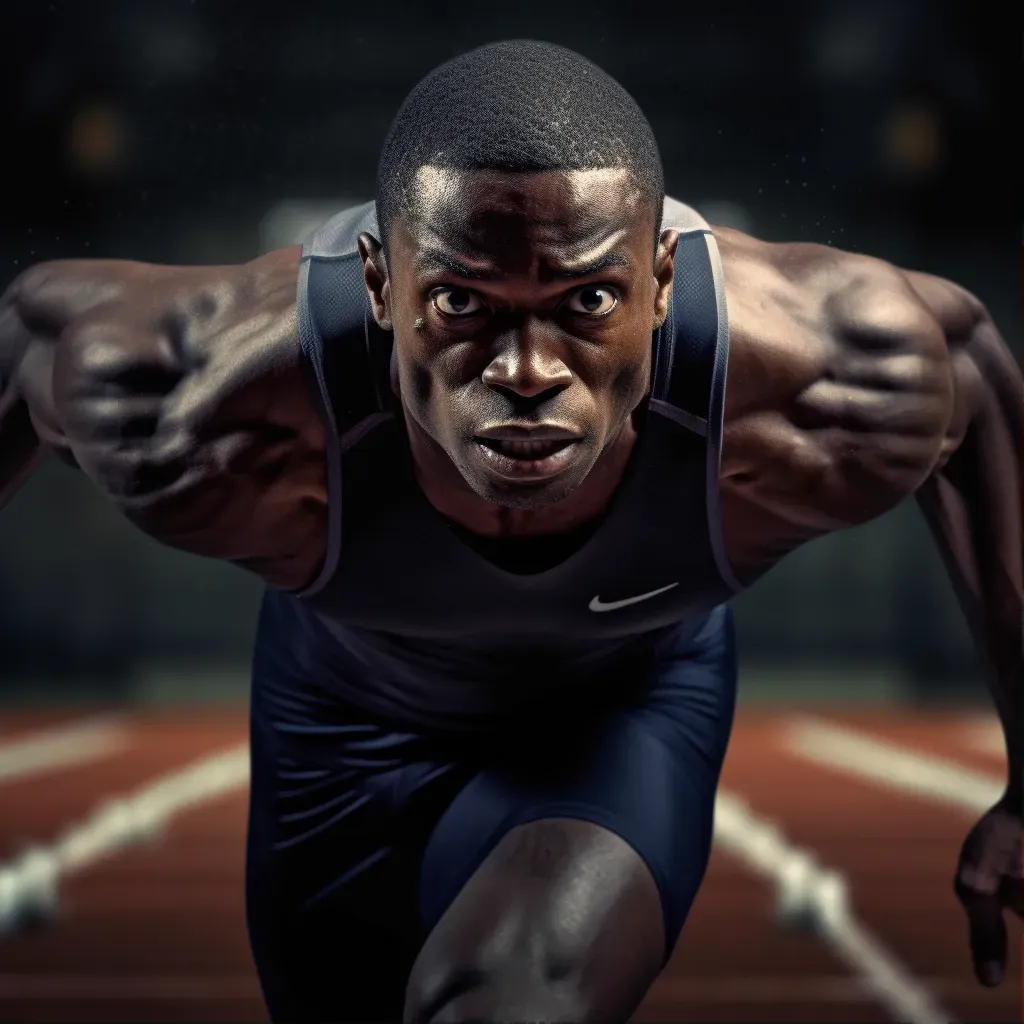 Male sprinter explosively starting out of blocks on track - Image 1