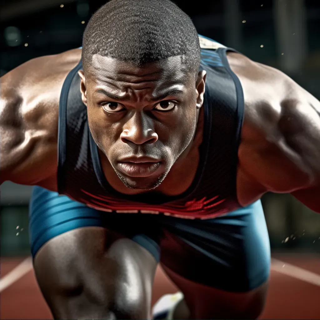 Male sprinter explosively starting out of blocks on track - Image 2