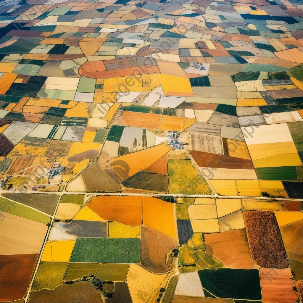 Patchwork fields and rural landscape seen from above in aerial shot - Image 1