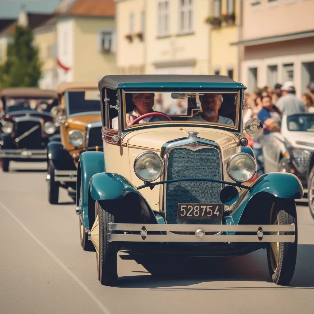 Antique car parade through quaint village with colorful vintage vehicles and retro outfits - Image 3