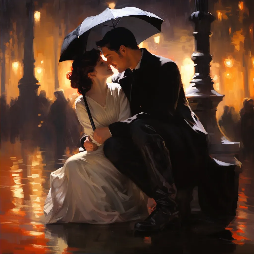 Image of a couple under an umbrella in the rain, portraying intimacy in a city setting - Image 2