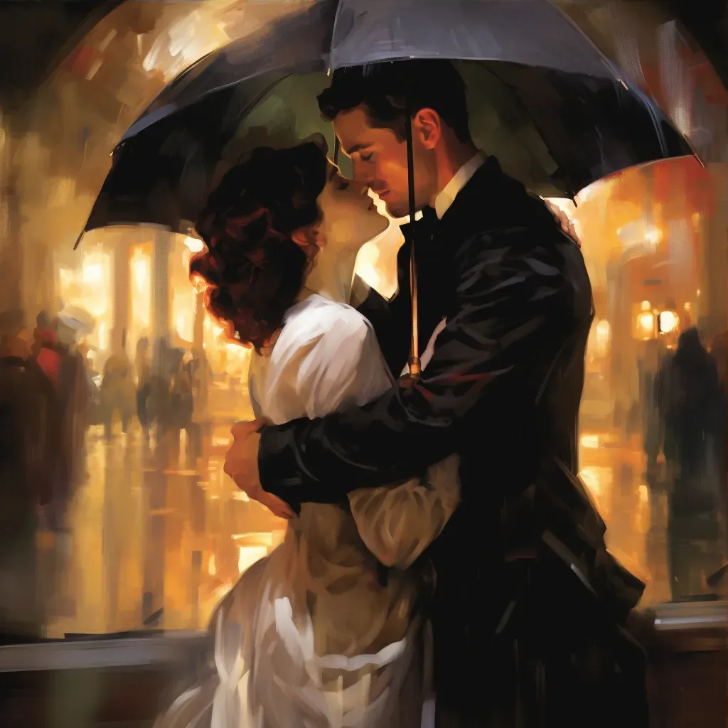 Image of a couple under an umbrella in the rain, portraying intimacy in a city setting - Image 3