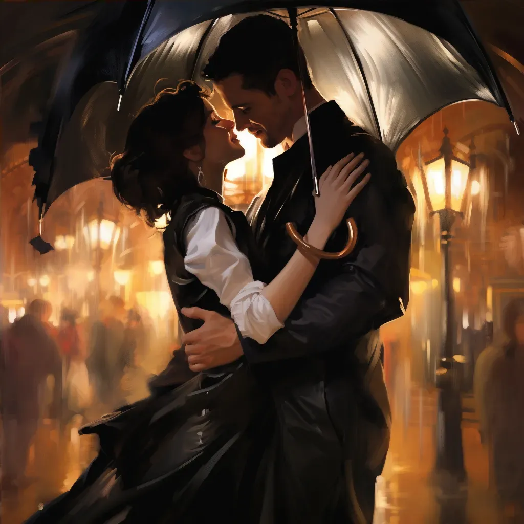 Image of a couple under an umbrella in the rain, portraying intimacy in a city setting - Image 4