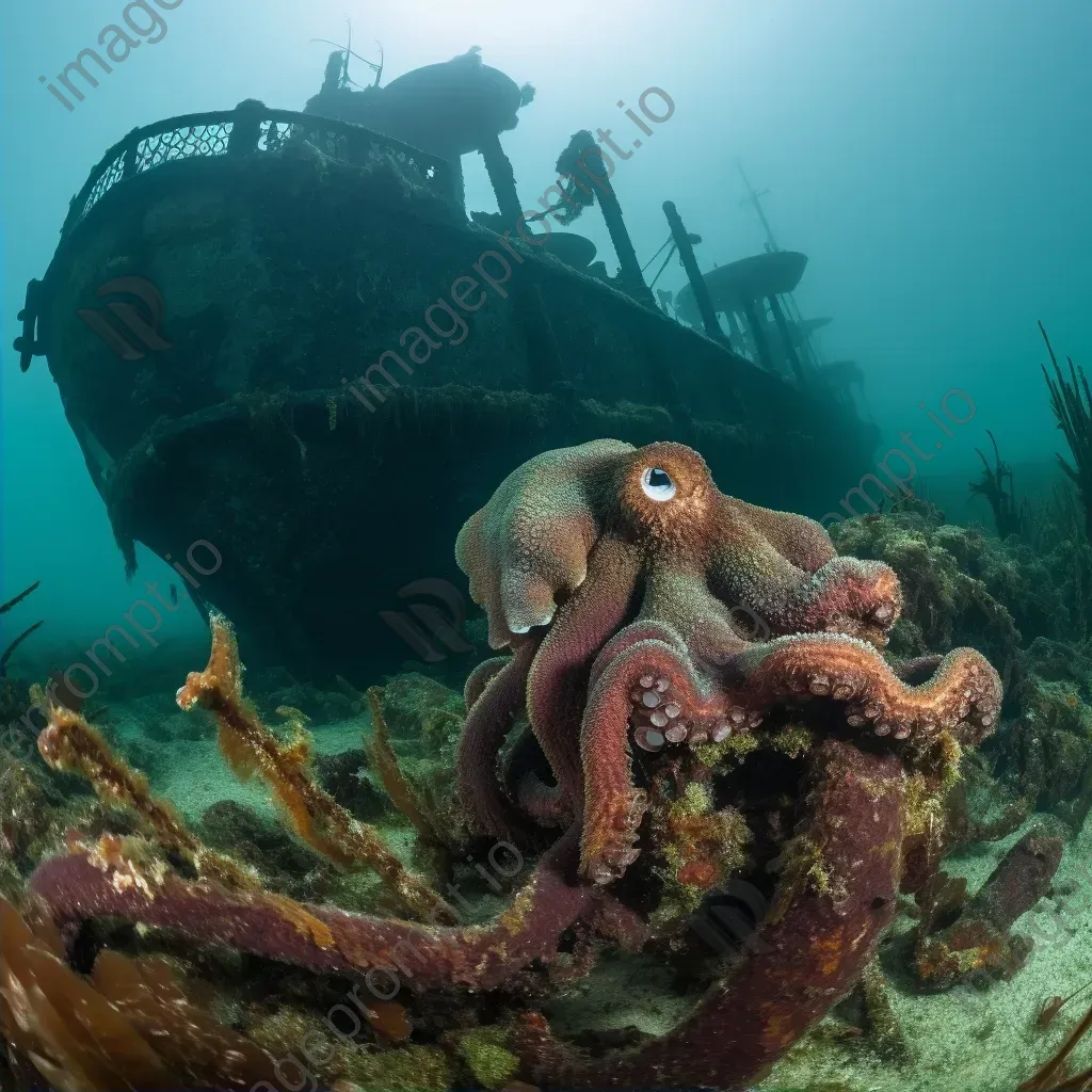 Decaying shipwreck with seaweed and octopus underwater - Image 2