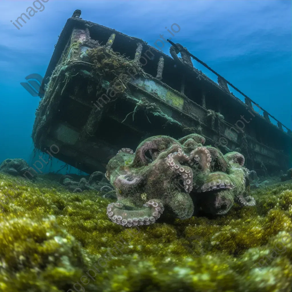 Decaying shipwreck with seaweed and octopus underwater - Image 3