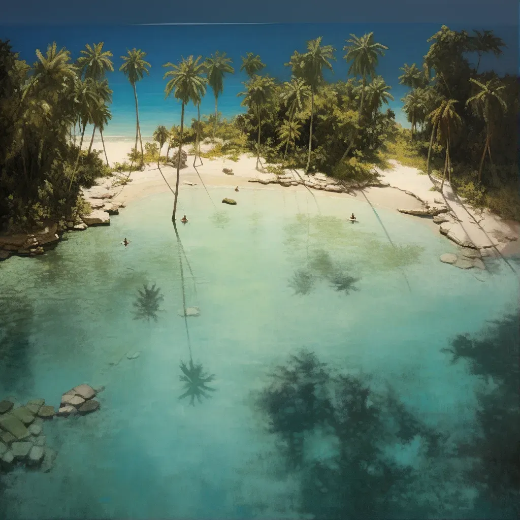 Aerial view of an island paradise with palm-fringed beaches and turquoise waters - Image 1