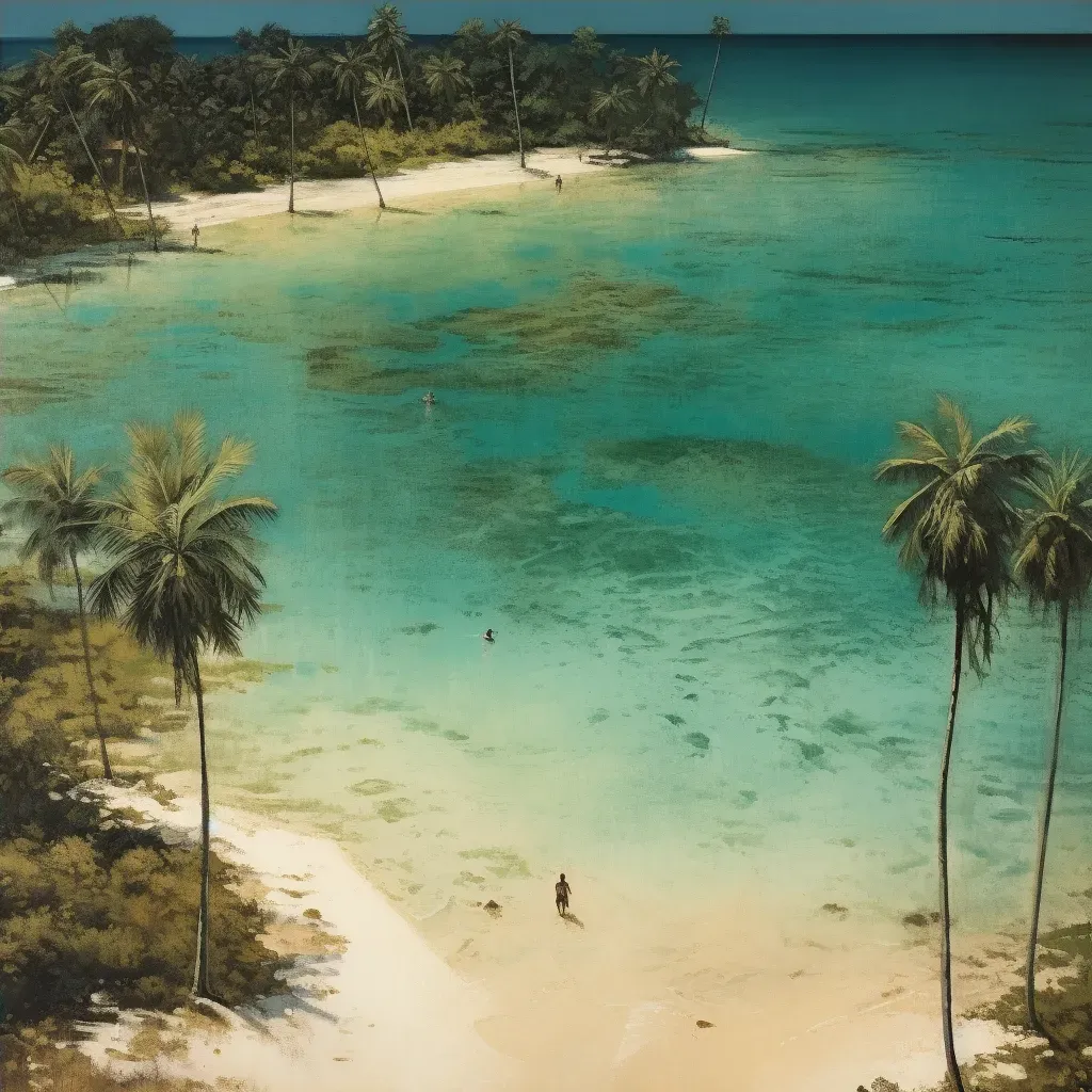 Aerial view of an island paradise with palm-fringed beaches and turquoise waters - Image 4