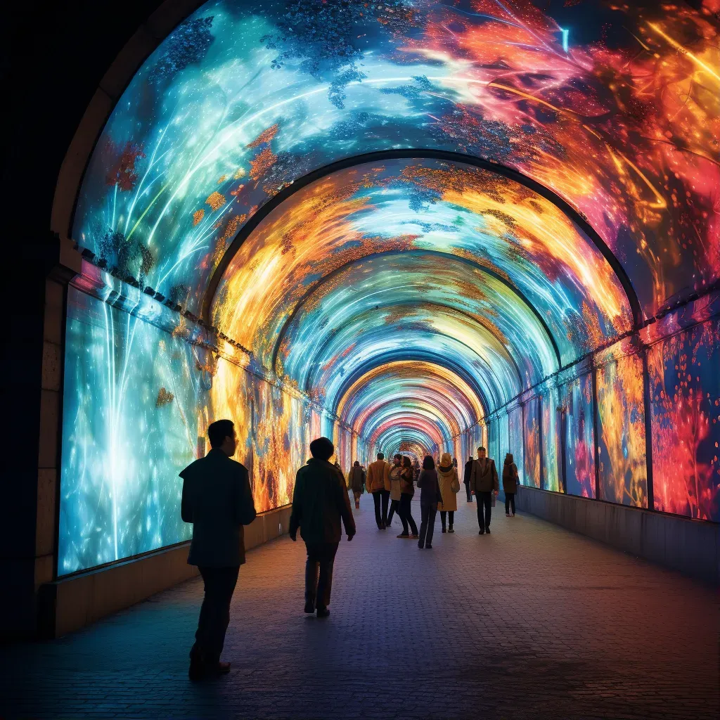 Underpass illuminated by an interactive light installation changing colors as people walk by - Image 1