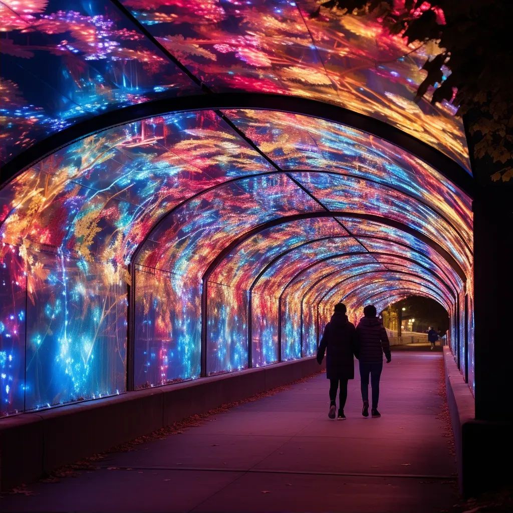 Underpass illuminated by an interactive light installation changing colors as people walk by - Image 2