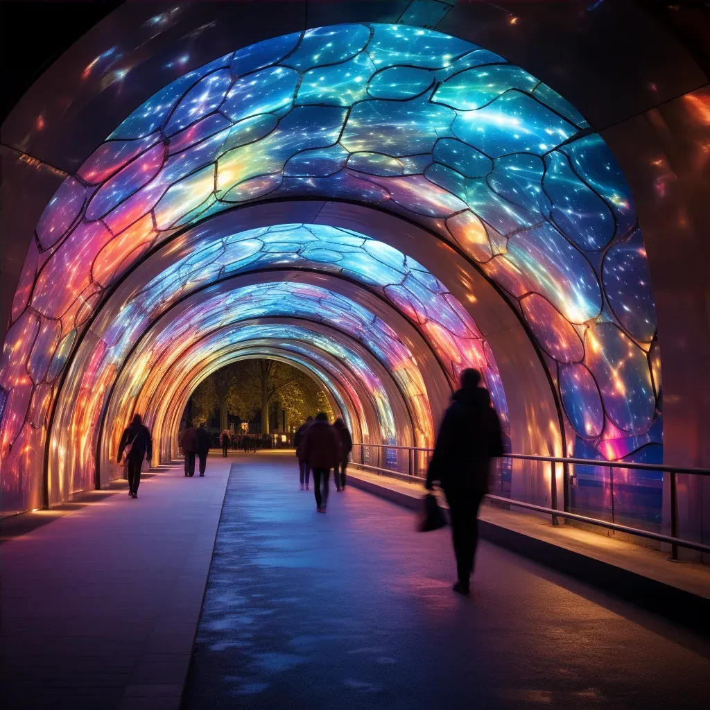 Underpass illuminated by an interactive light installation changing colors as people walk by - Image 4