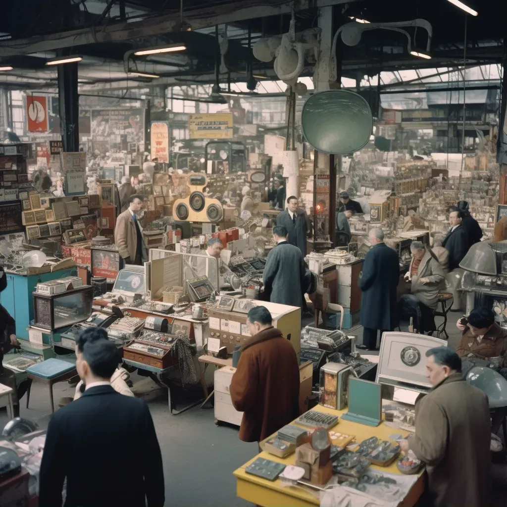 Image of a bustling marketplace with 1950s style tech gadgets - Image 1