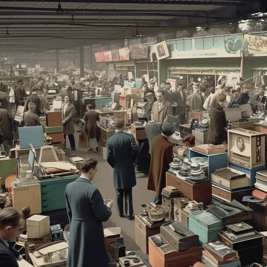 Bustling Marketplace with 1950s Style Tech Gadgets