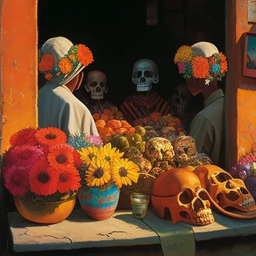 Image of a Day of the Dead celebration in Mexico with decorated skulls and vibrant marigold flowers - Image 1