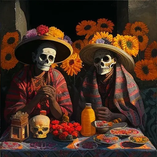 Image of a Day of the Dead celebration in Mexico with decorated skulls and vibrant marigold flowers - Image 2