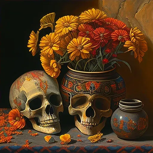 Image of a Day of the Dead celebration in Mexico with decorated skulls and vibrant marigold flowers - Image 4