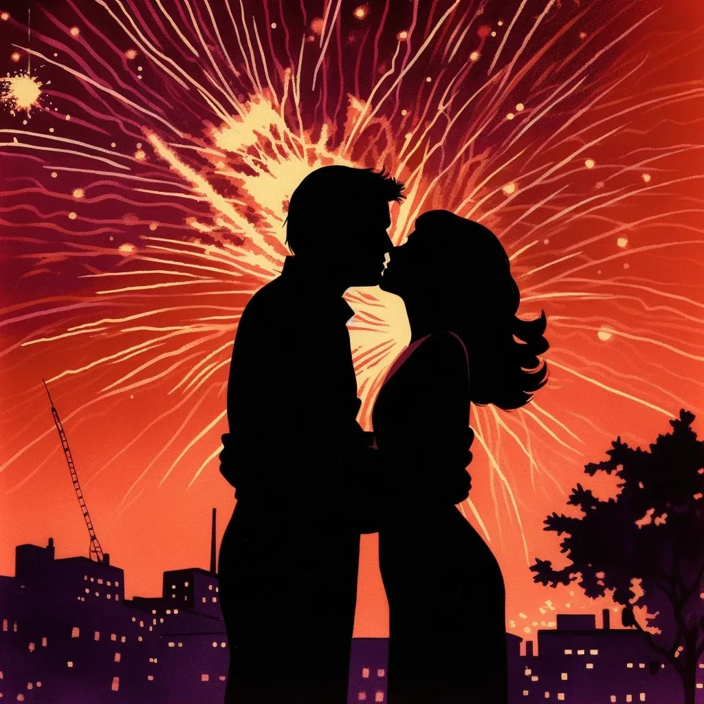 Image of a kiss under fireworks display, illuminating the night - Image 1