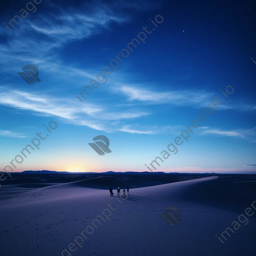 Silhouettes of people wandering through sand dunes at twilight - Image 1