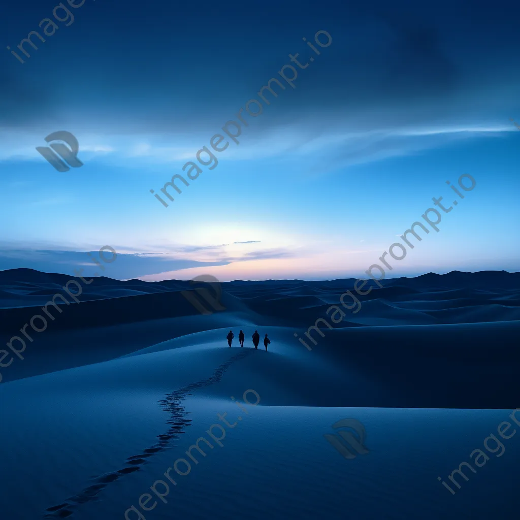 Silhouettes of people wandering through sand dunes at twilight - Image 2