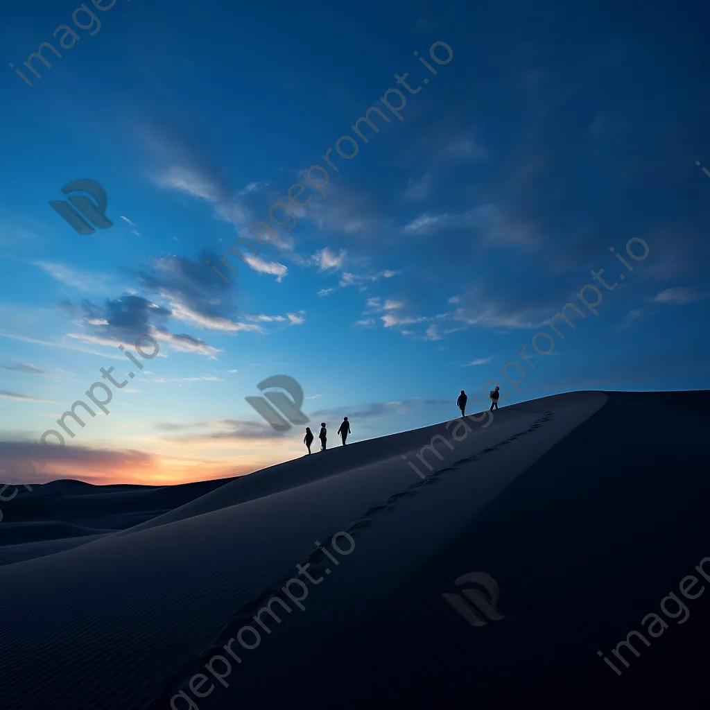 Silhouettes of people wandering through sand dunes at twilight - Image 4