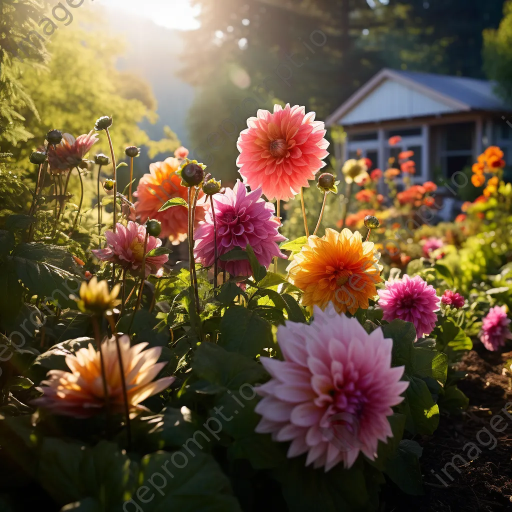 Bright dahlias and zinnias in a sunny garden. - Image 1