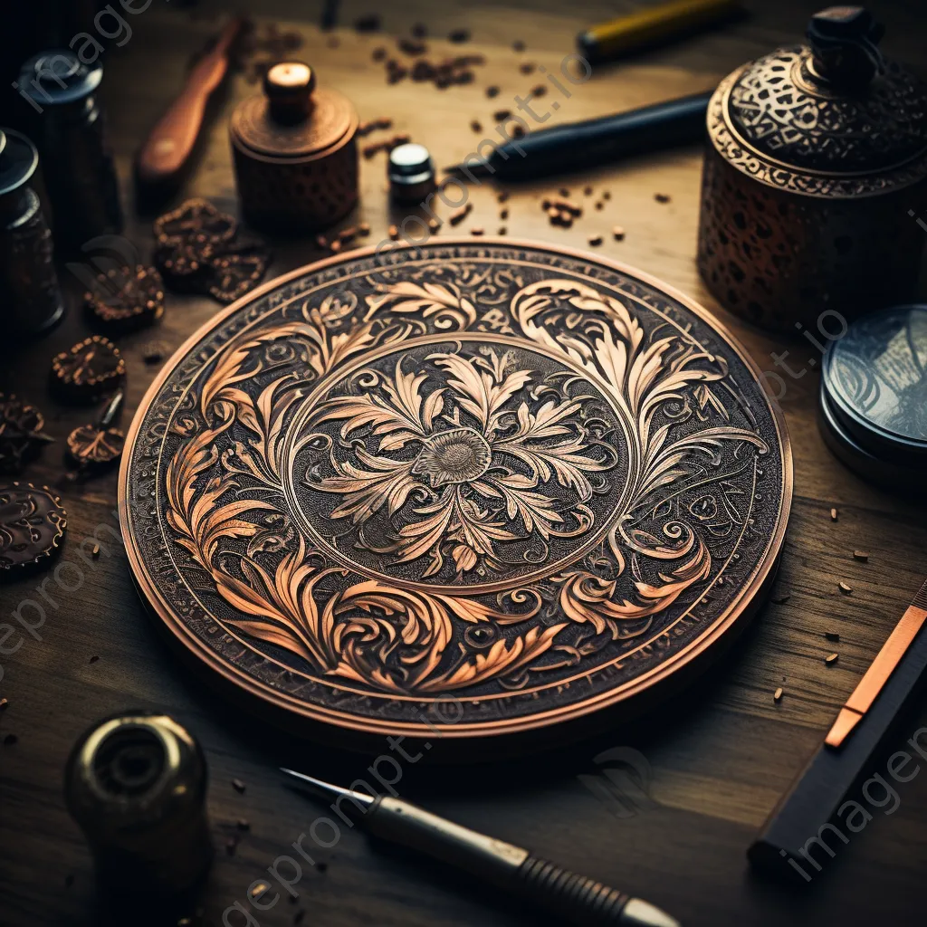 Close-up of intricate copper engravings on a textured surface - Image 1