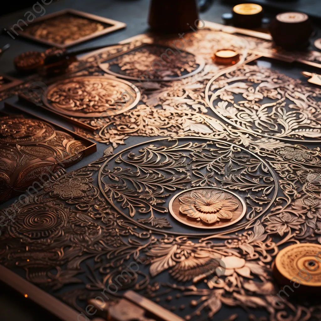 Close-up of intricate copper engravings on a textured surface - Image 3