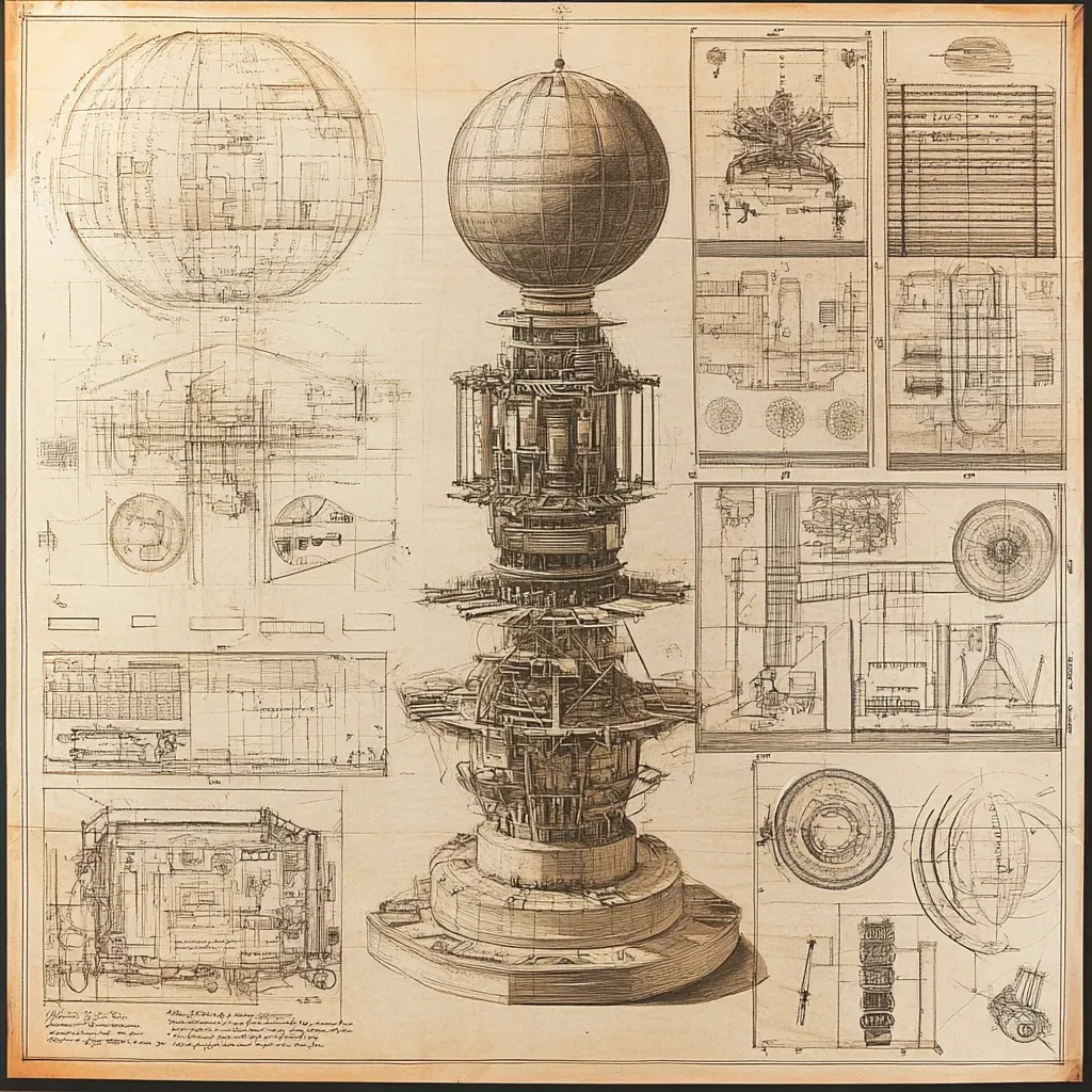 Intricate tapestry of patents and blueprints in a lavish library, resonating with Da Vinci