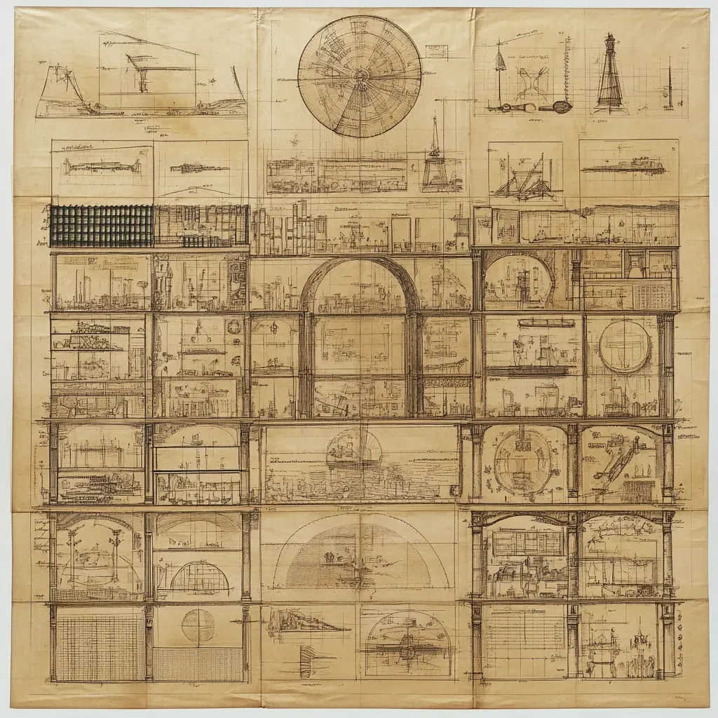 Intricate tapestry of patents and blueprints in a lavish library, resonating with Da Vinci