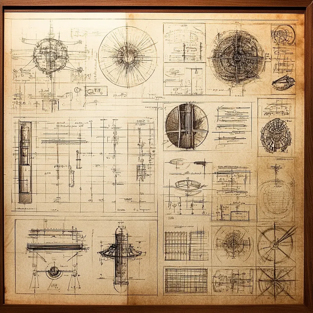 Intricate tapestry of patents and blueprints in a lavish library, resonating with Da Vinci