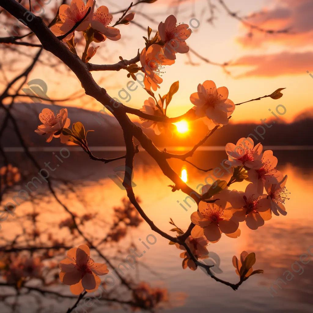 Silhouette of cherry blossoms against sunset - Image 1