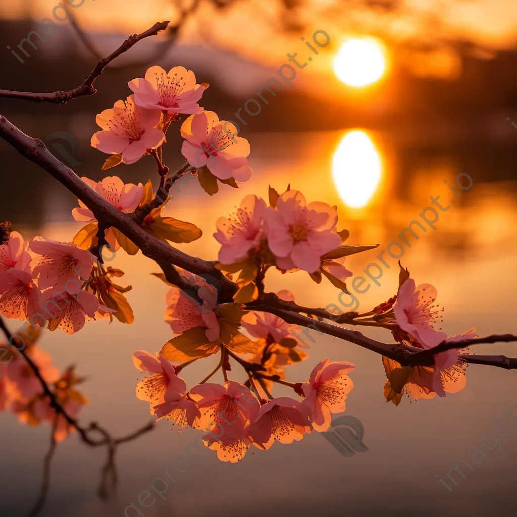 Silhouette of cherry blossoms against sunset - Image 2