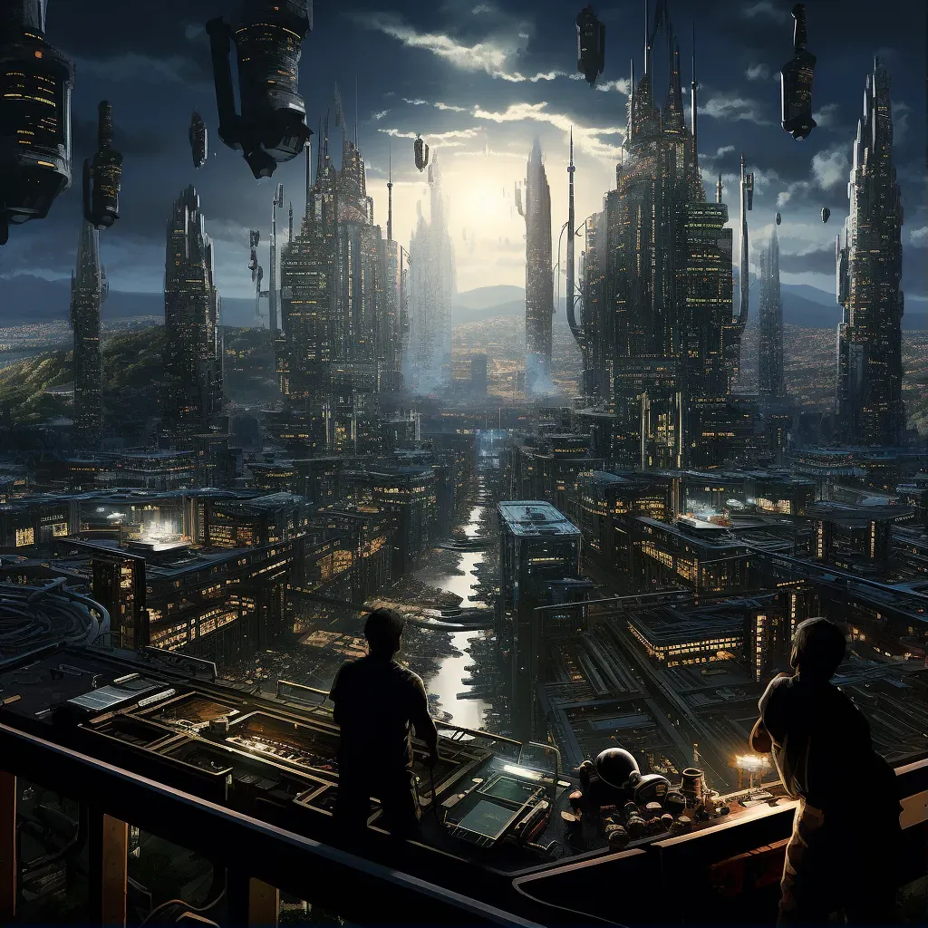 Futuristic city with power outage and engineers fixing giant battery - Image 1