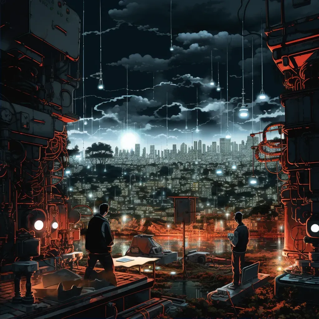 Futuristic city with power outage and engineers fixing giant battery - Image 2