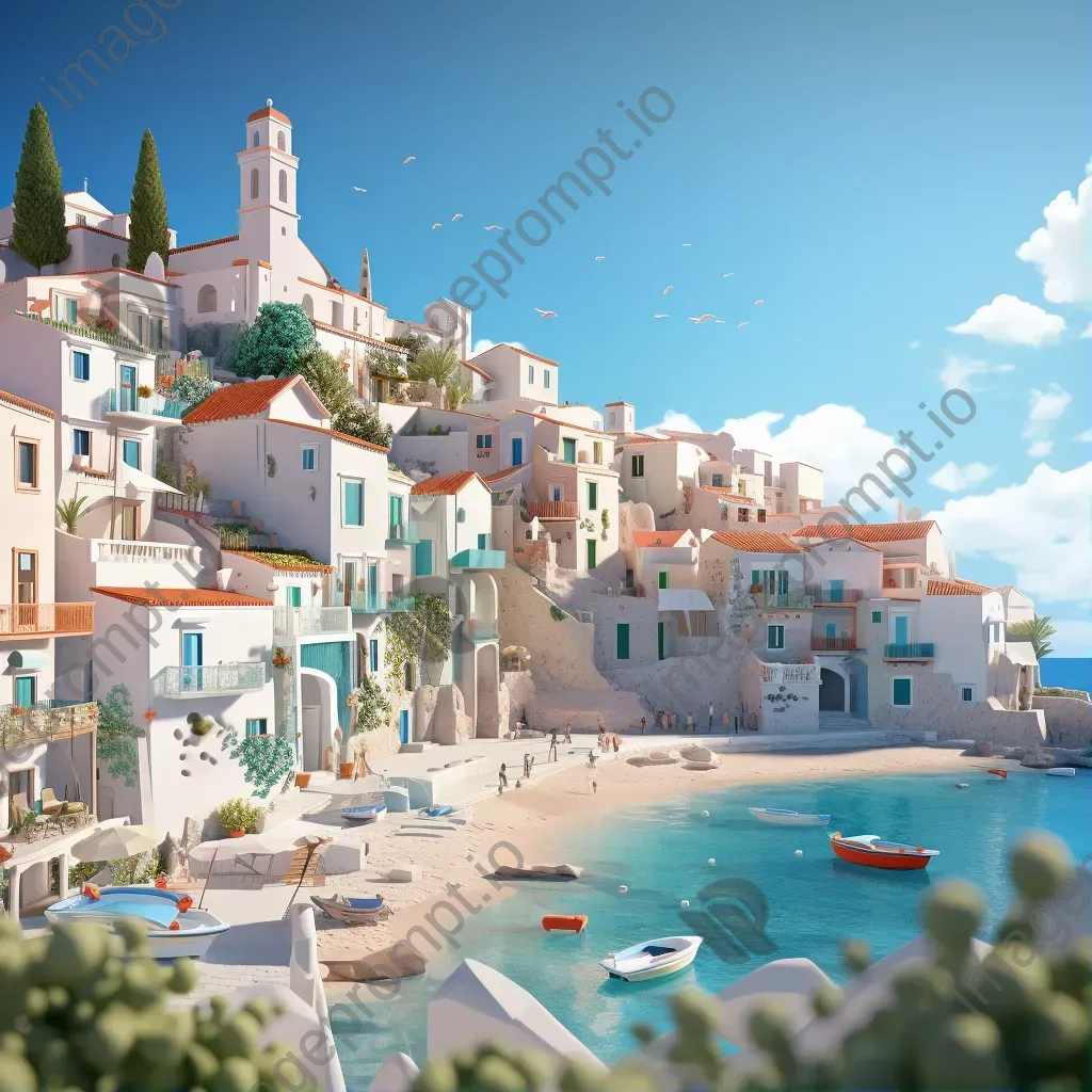 Simplistic low poly artwork of a sun-kissed Mediterranean coastal town - Image 1