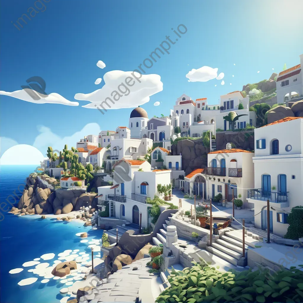 Simplistic low poly artwork of a sun-kissed Mediterranean coastal town - Image 2