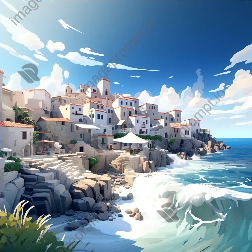 Simplistic low poly artwork of a sun-kissed Mediterranean coastal town - Image 4