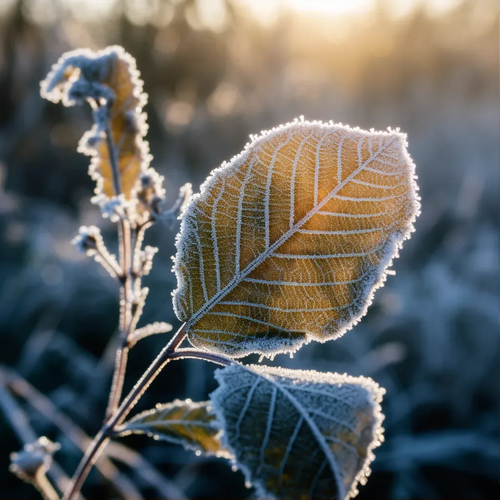 Image of a frost pattern on a leaf highlighted by morning sunlight - Image 1