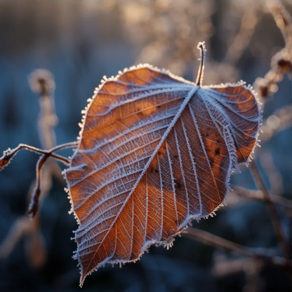 Image of a frost pattern on a leaf highlighted by morning sunlight - Image 3