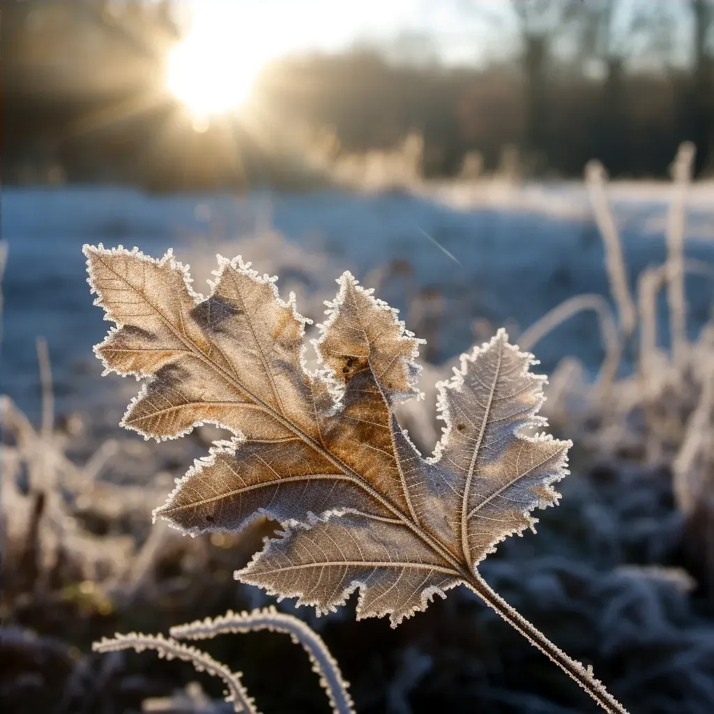 Image of a frost pattern on a leaf highlighted by morning sunlight - Image 4