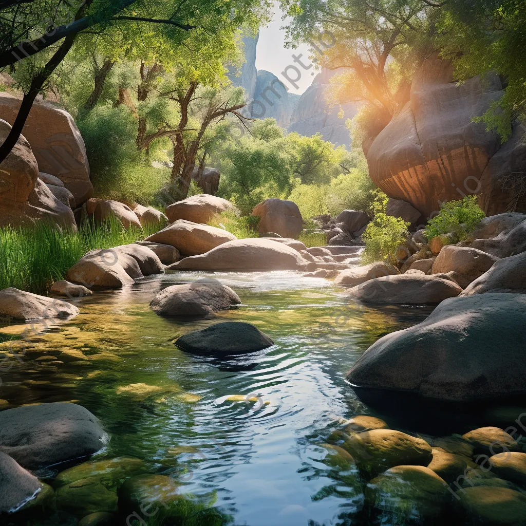 Sunlit natural spring with boulders and lush greenery - Image 1