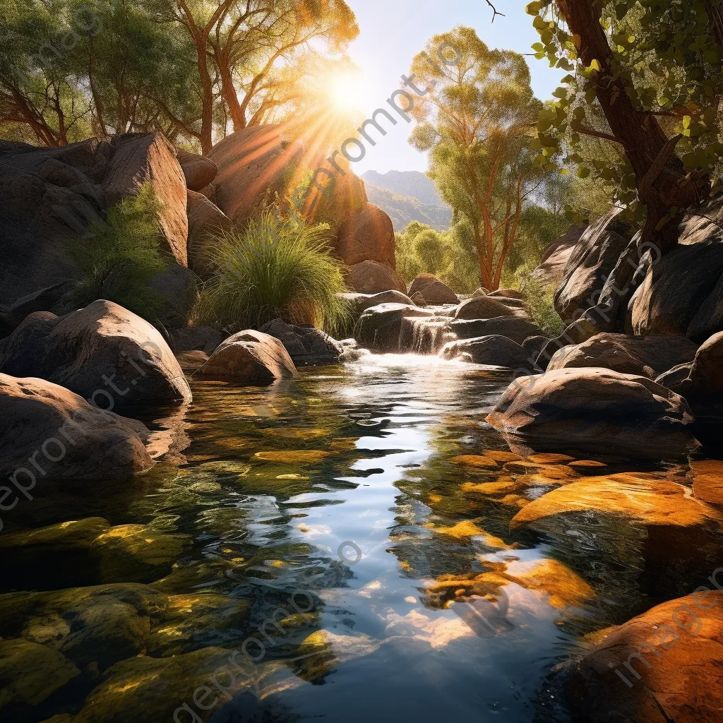 Sunlit natural spring with boulders and lush greenery - Image 2