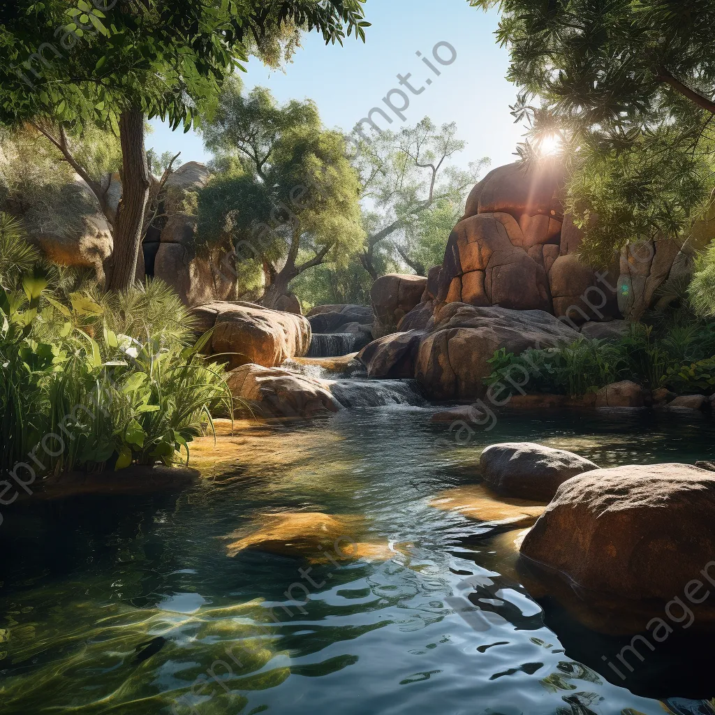 Sunlit natural spring with boulders and lush greenery - Image 3