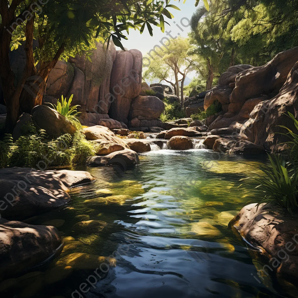 Sunlit natural spring with boulders and lush greenery - Image 4