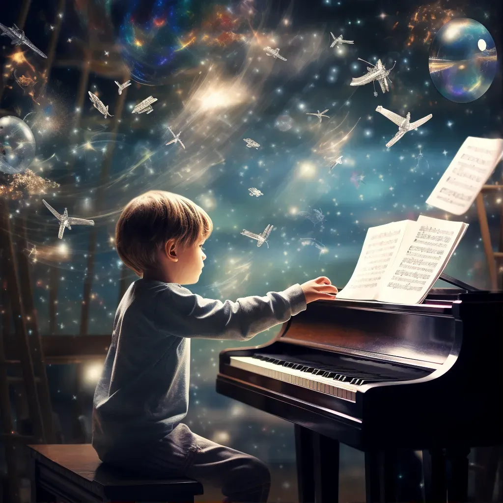 Image of a child playing the piano through a digital app with musical notes - Image 1