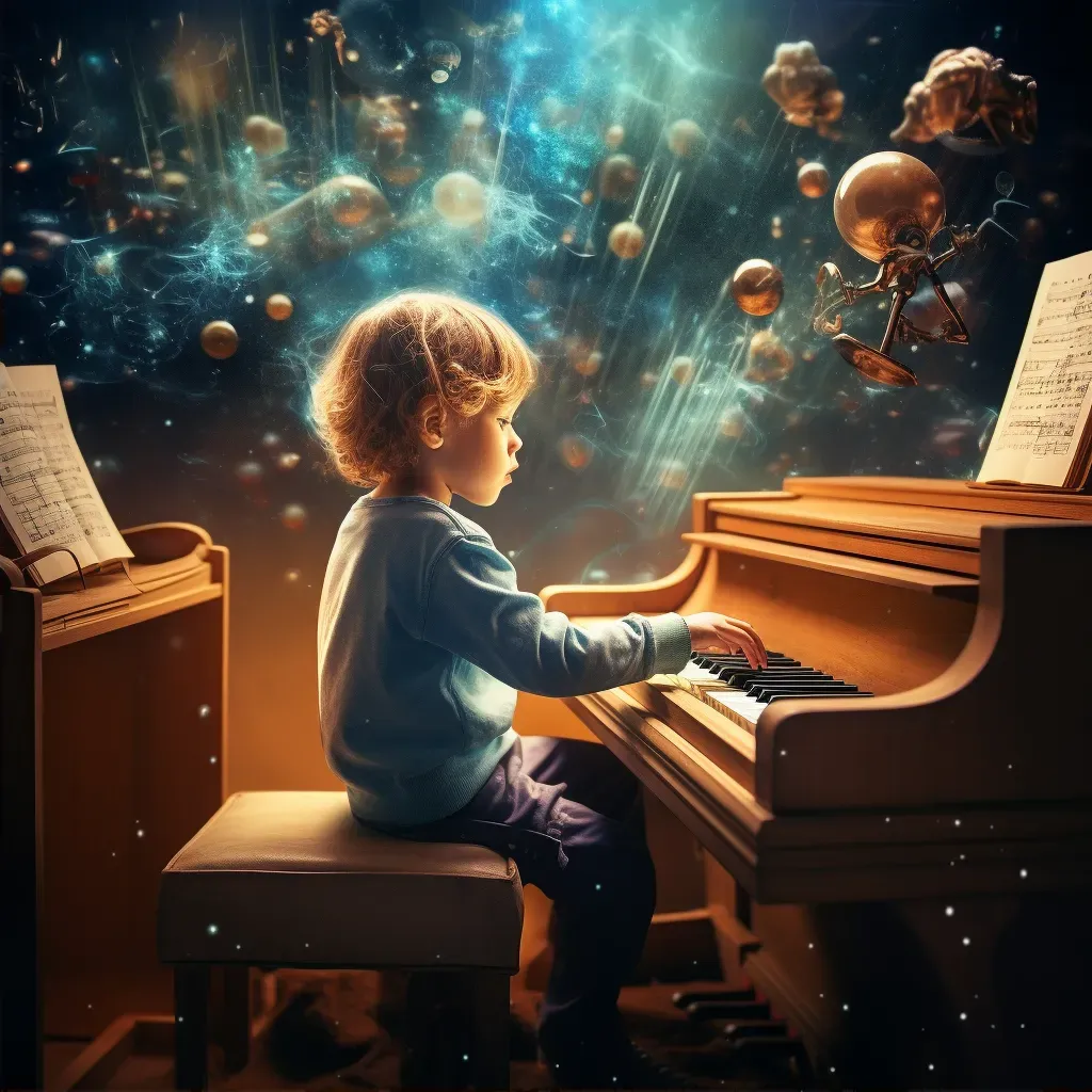 Image of a child playing the piano through a digital app with musical notes - Image 2