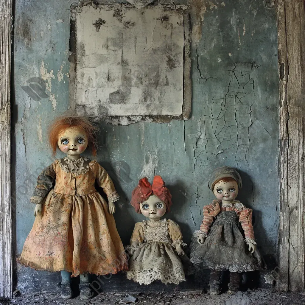 Pastel depiction of petrifying dolls in an abandoned nursery - Image 1